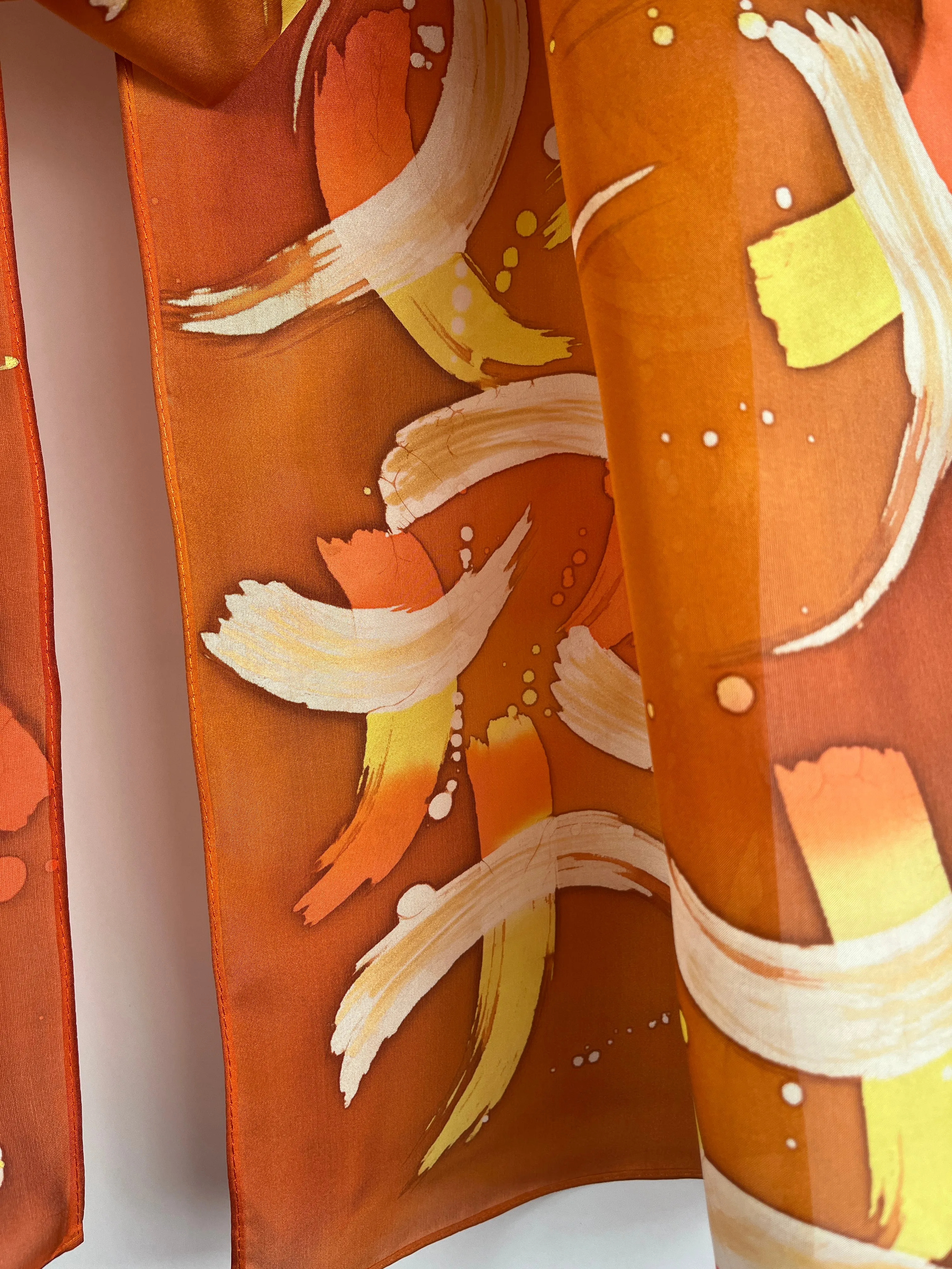 “Fiery Wisps w/ Gold” - Hand-dyed Silk Scarf - $125