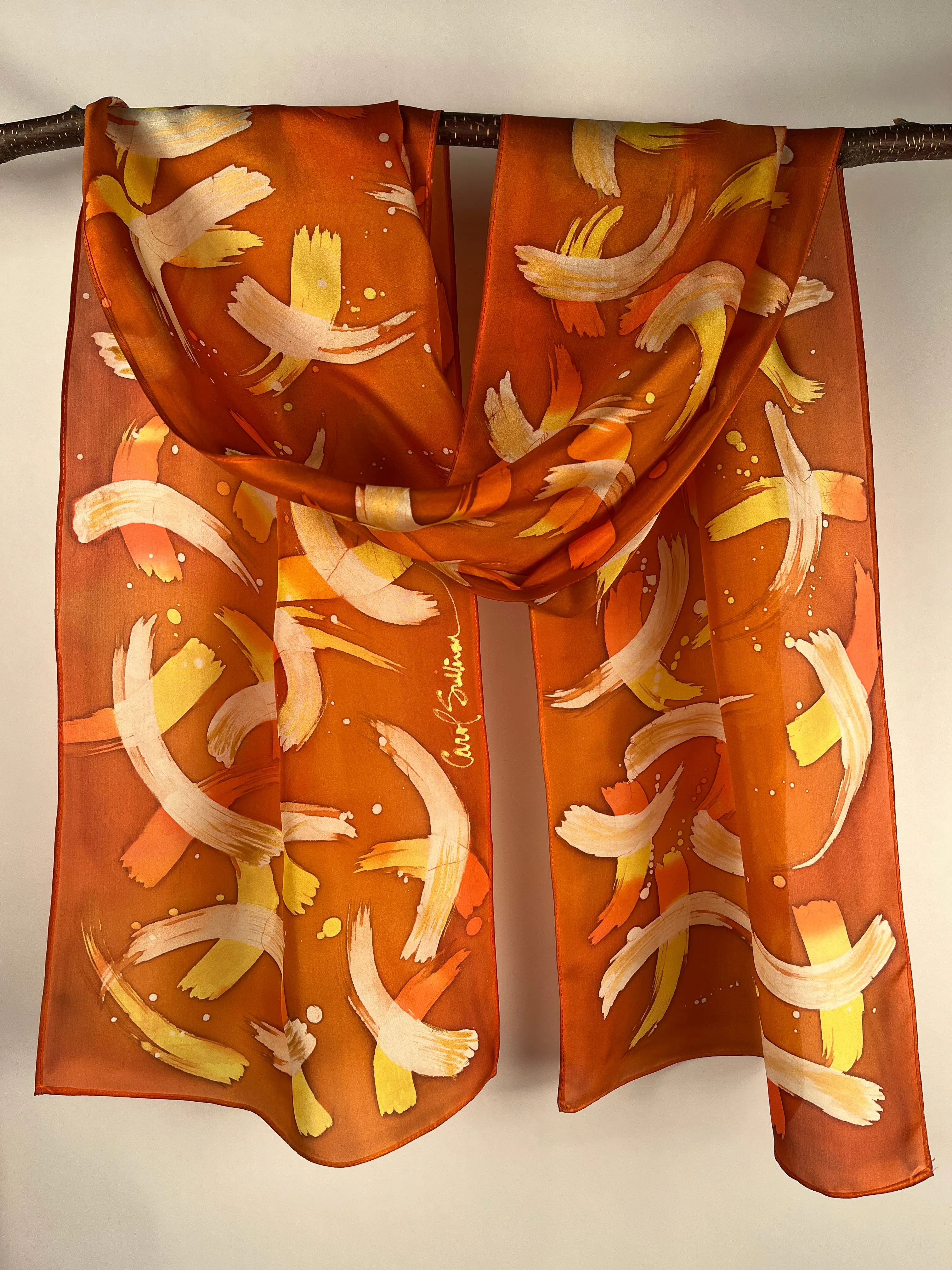 “Fiery Wisps w/ Gold” - Hand-dyed Silk Scarf - $125