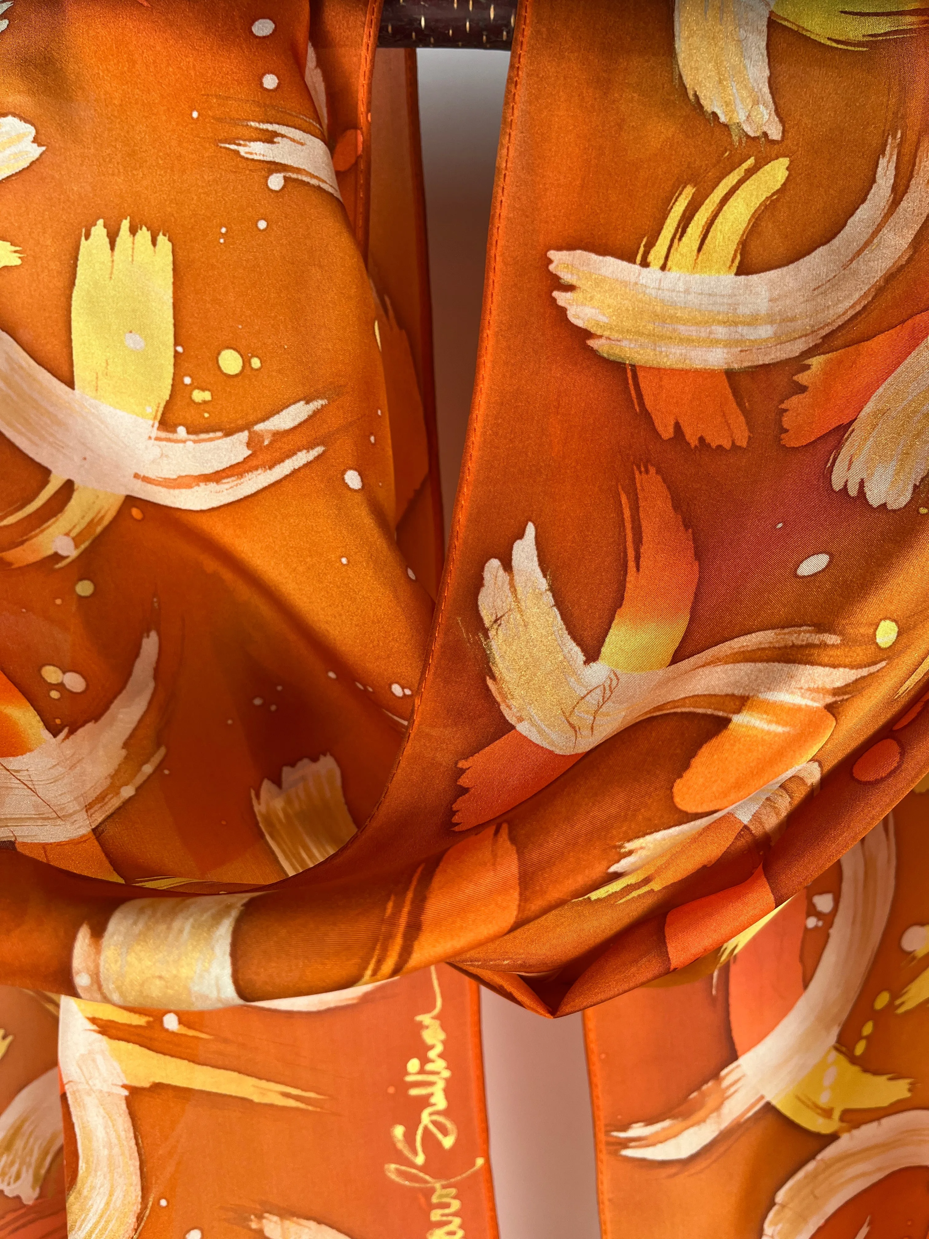 “Fiery Wisps w/ Gold” - Hand-dyed Silk Scarf - $125