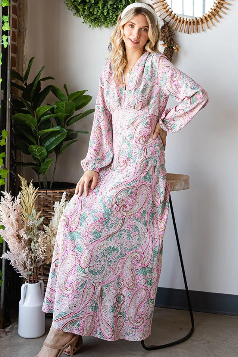 First Love Paisley Print Tie-Back Long Sleeve Maxi Dress