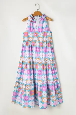 Floral Print Frilly Neck Sleeveless Tiered Maxi Dress