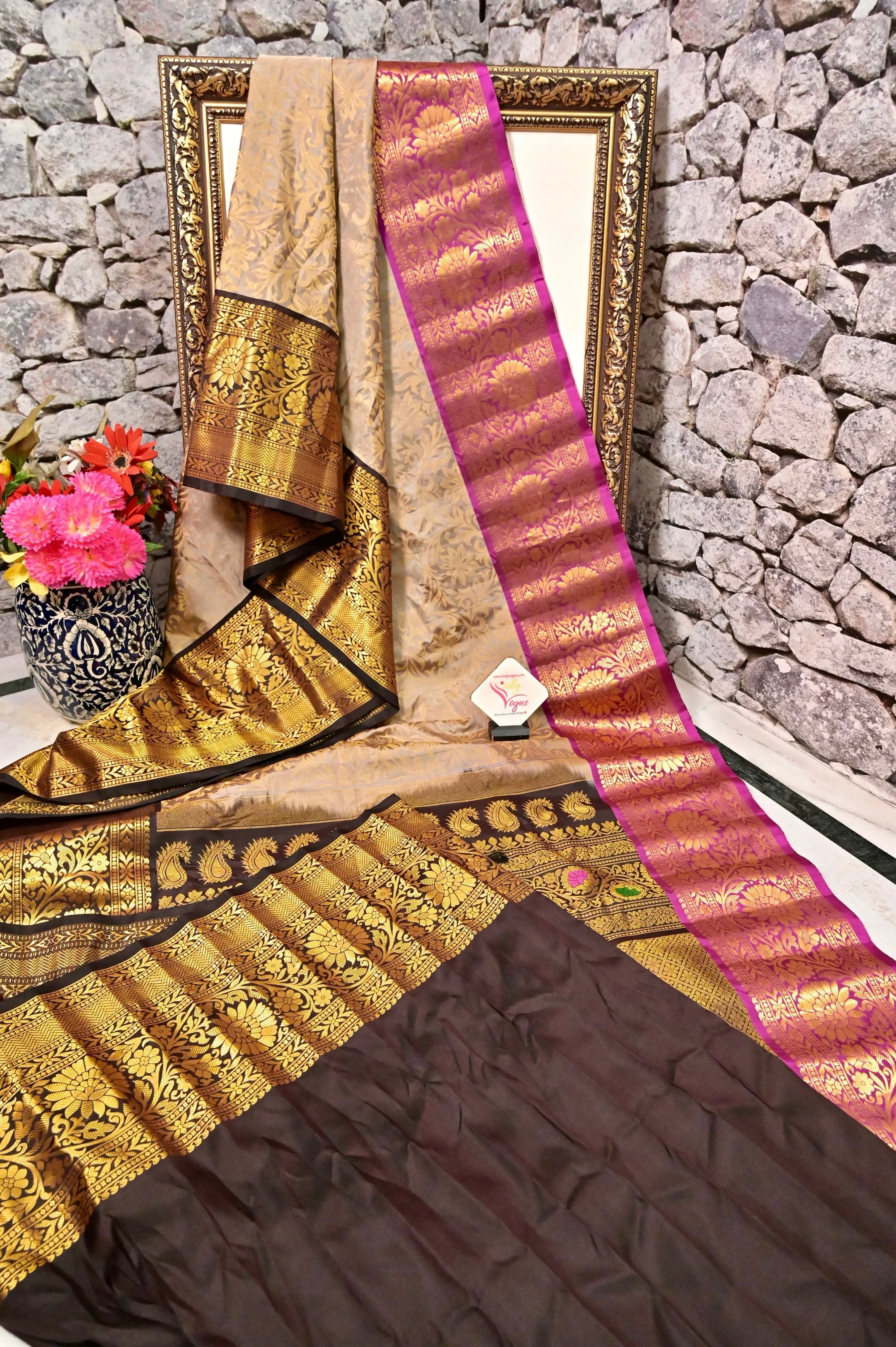 Graceful Gray Brocade Gadwal Saree with Ganga Jamuna Border