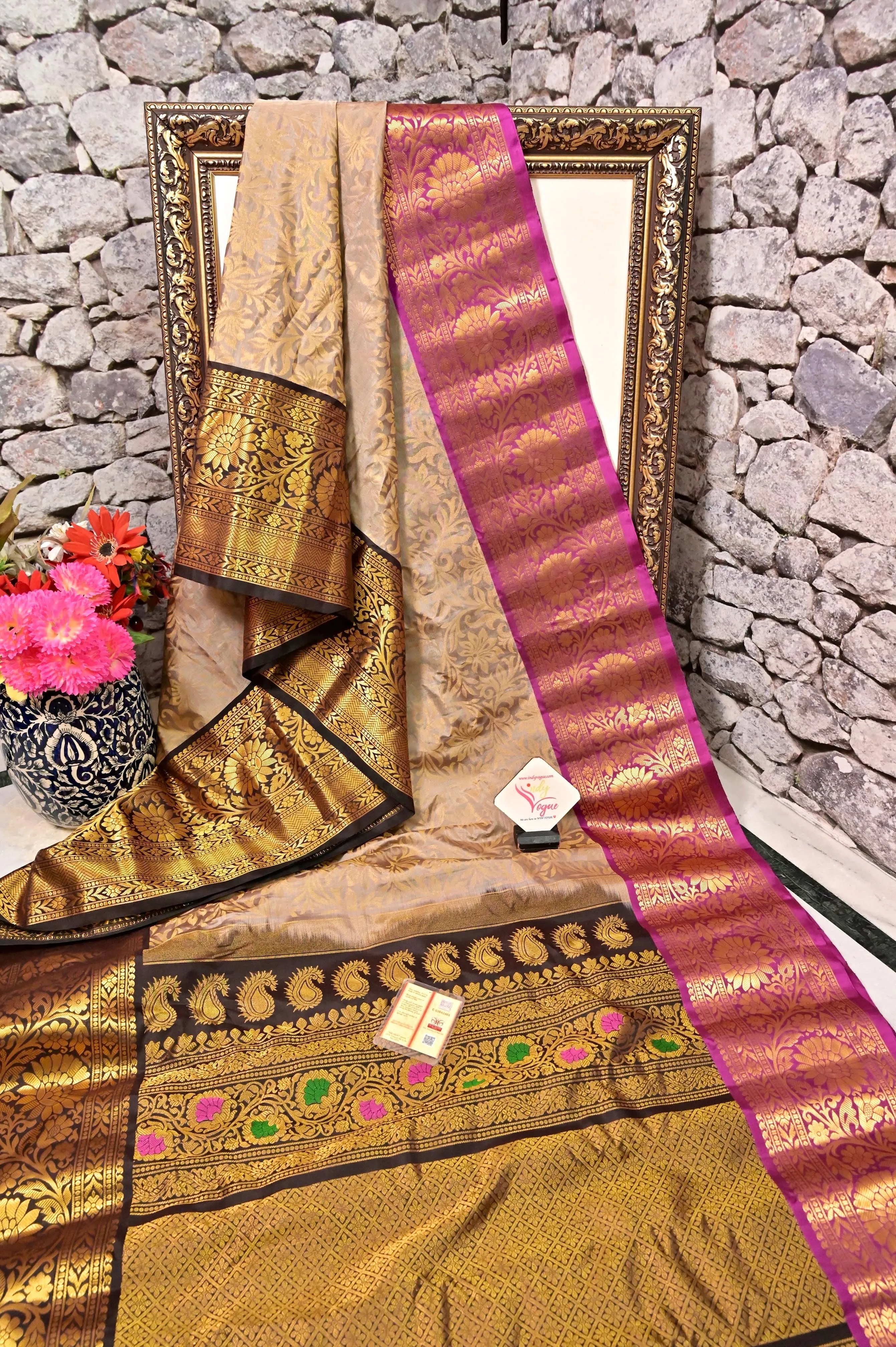 Graceful Gray Brocade Gadwal Saree with Ganga Jamuna Border