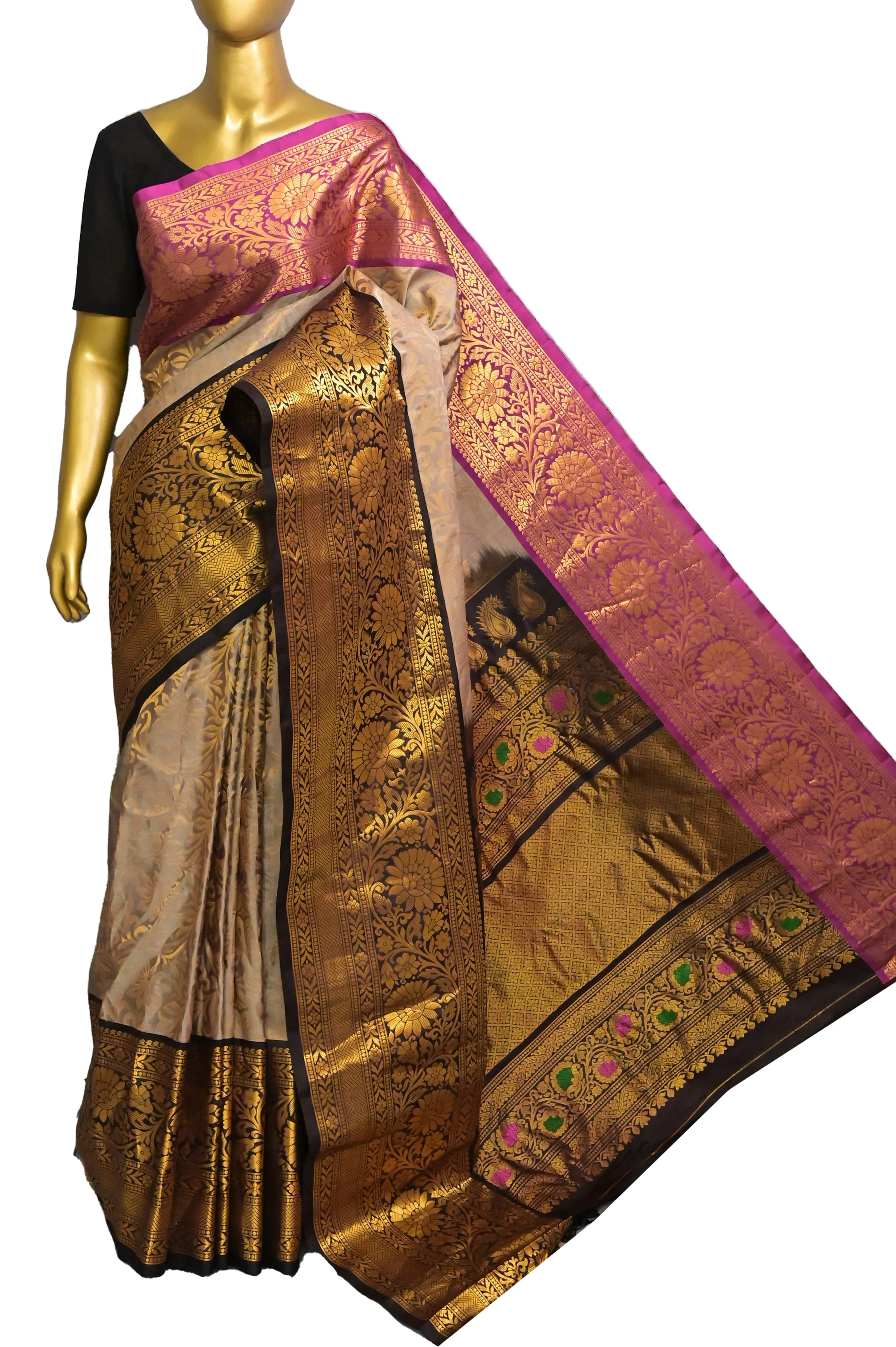 Graceful Gray Brocade Gadwal Saree with Ganga Jamuna Border