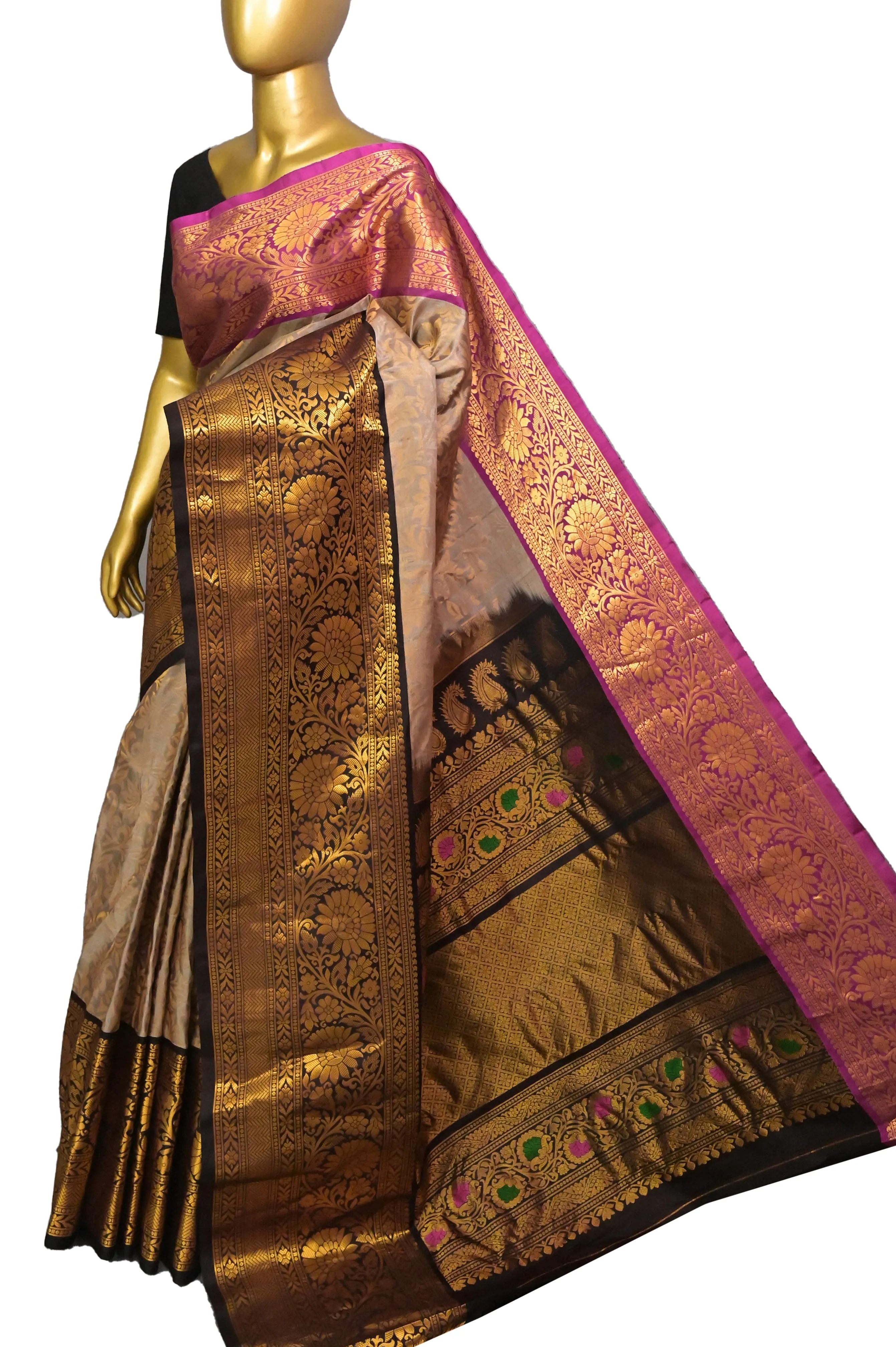 Graceful Gray Brocade Gadwal Saree with Ganga Jamuna Border