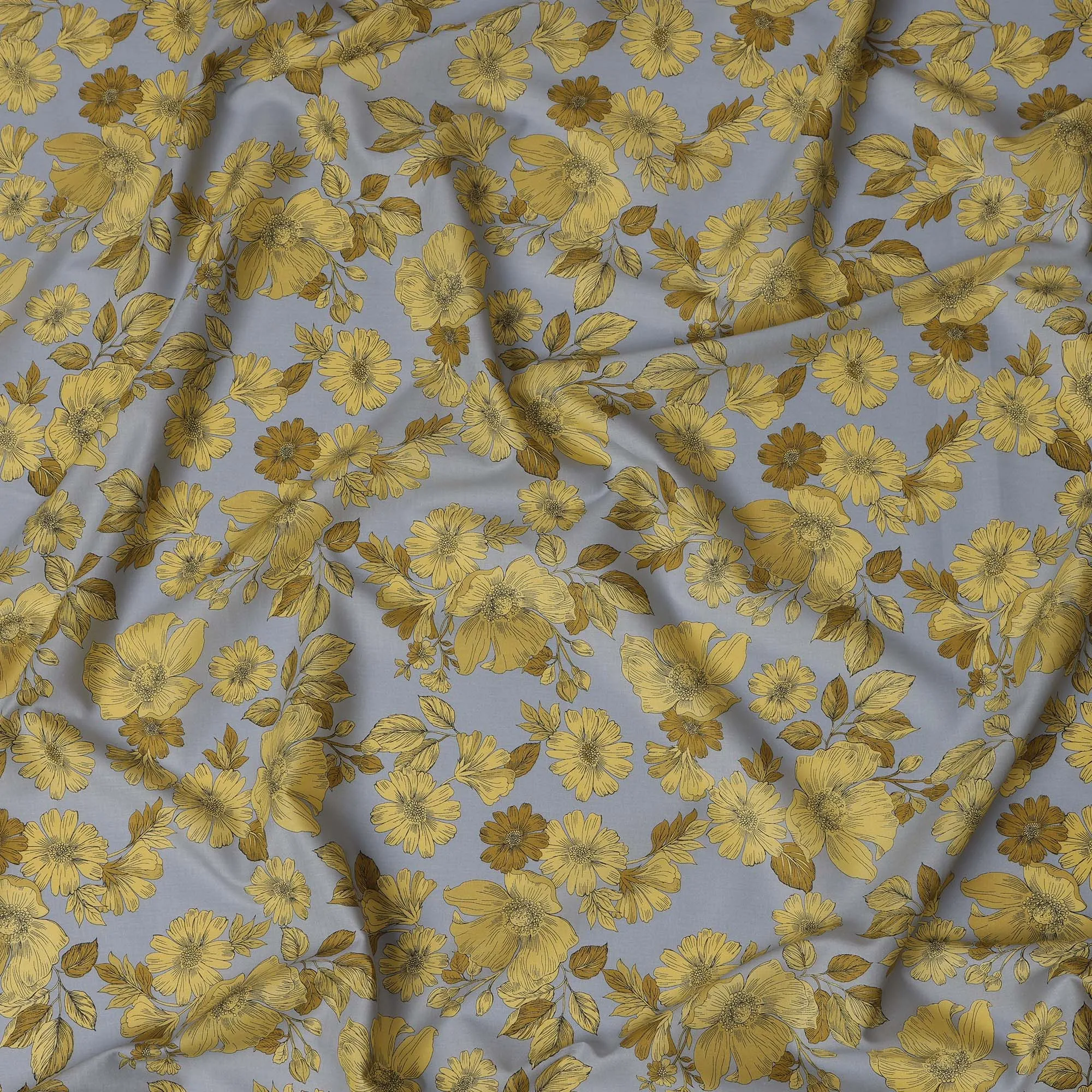 Gray and Yellow Floral Cotton Lawn Digital Print Fabric - 110 cm Width-D21219