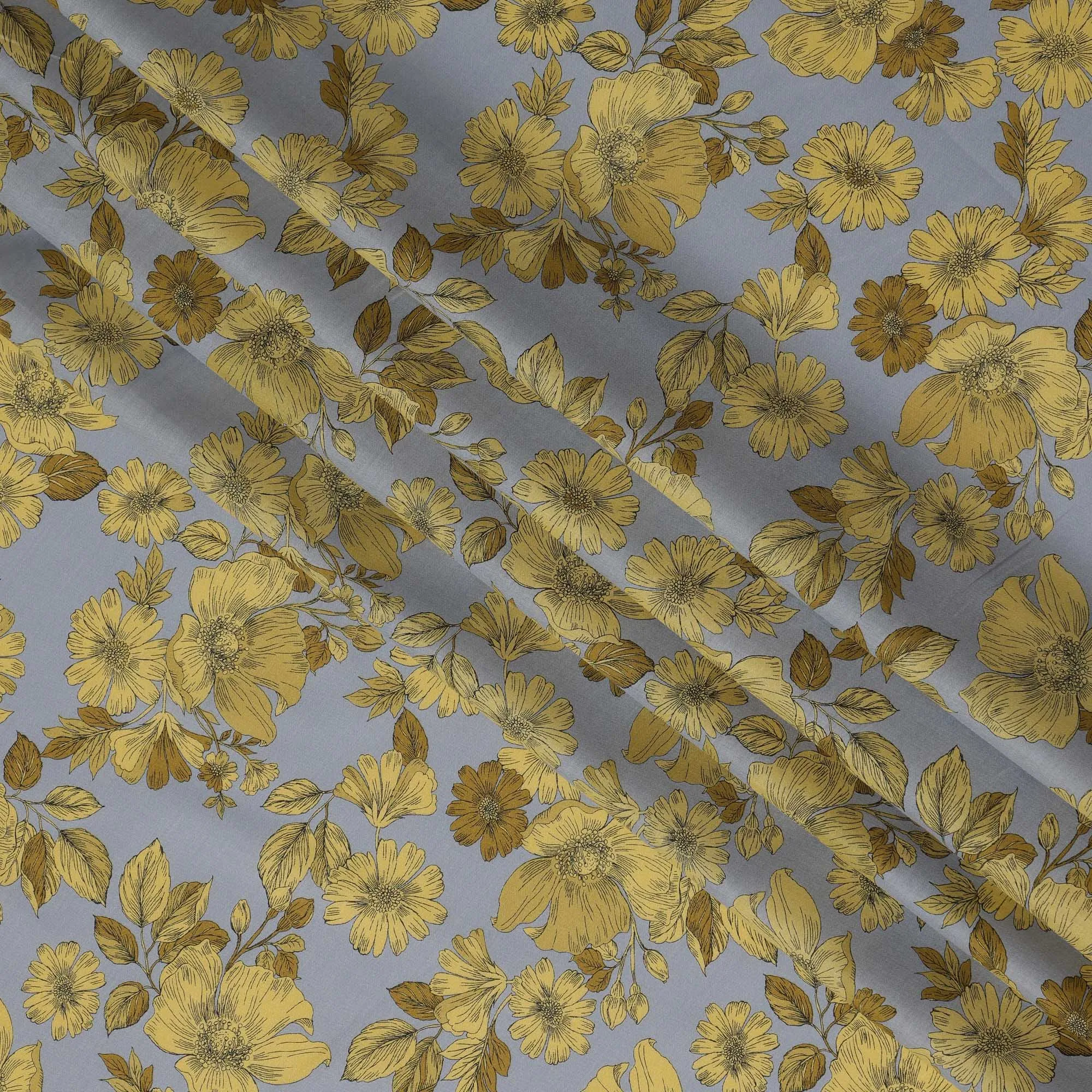 Gray and Yellow Floral Cotton Lawn Digital Print Fabric - 110 cm Width-D21219