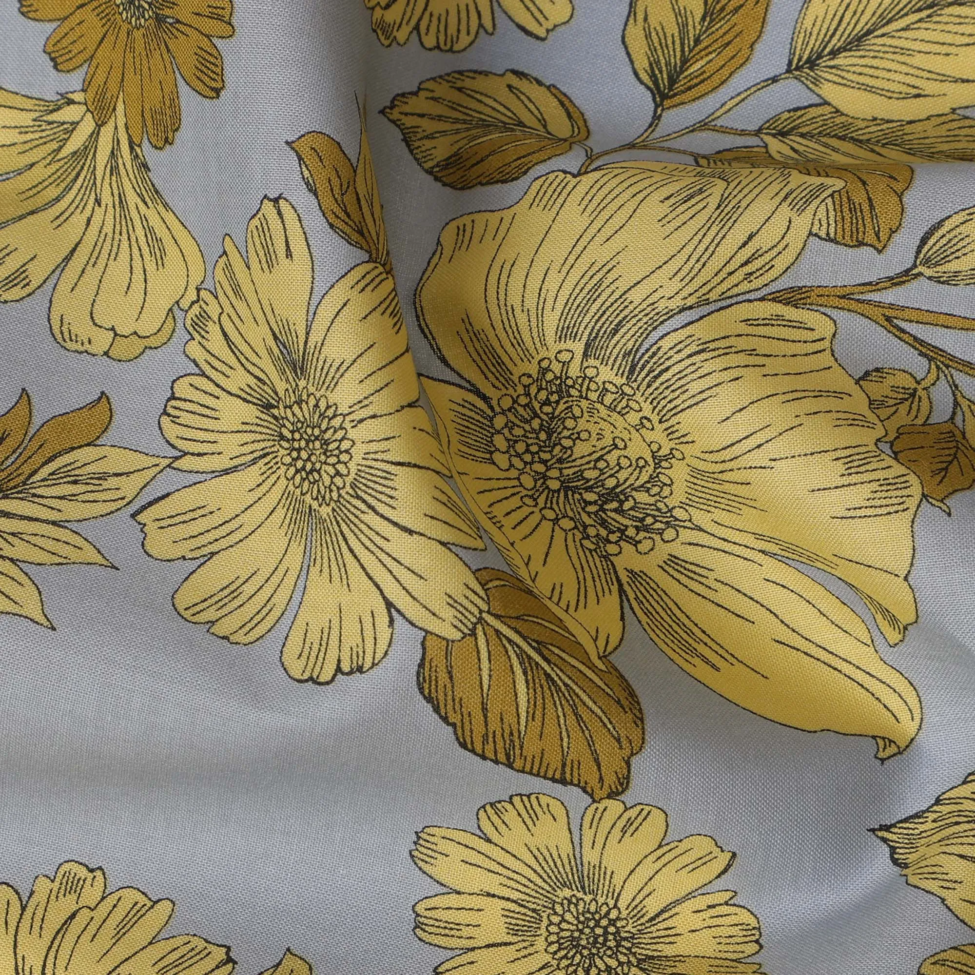 Gray and Yellow Floral Cotton Lawn Digital Print Fabric - 110 cm Width-D21219