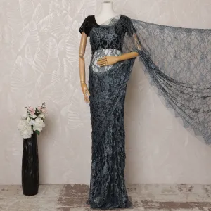 Gray, black 2-Tone Premium French Chantilly Saree Lace - 5.5 Meters, Floral Design, 110 cm Width-D20740