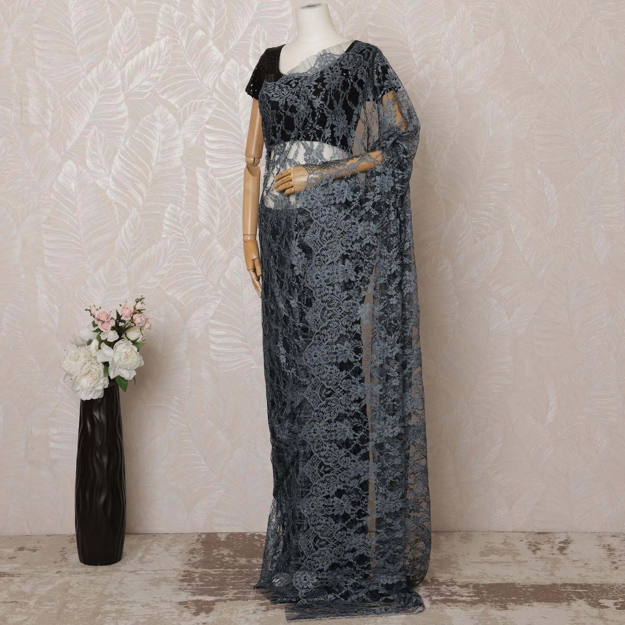 Gray, black 2-Tone Premium French Chantilly Saree Lace - 5.5 Meters, Floral Design, 110 cm Width-D20740