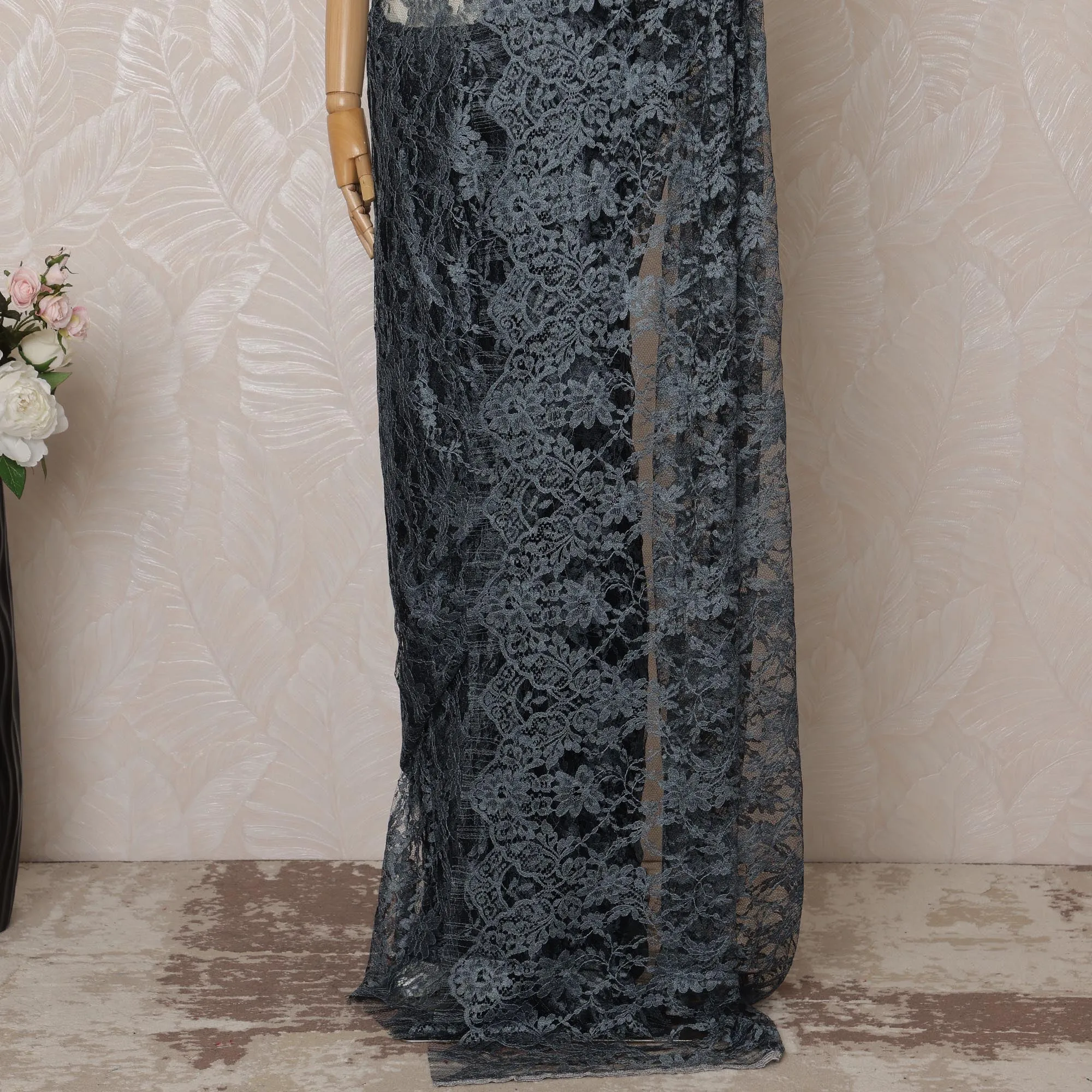 Gray, black 2-Tone Premium French Chantilly Saree Lace - 5.5 Meters, Floral Design, 110 cm Width-D20740