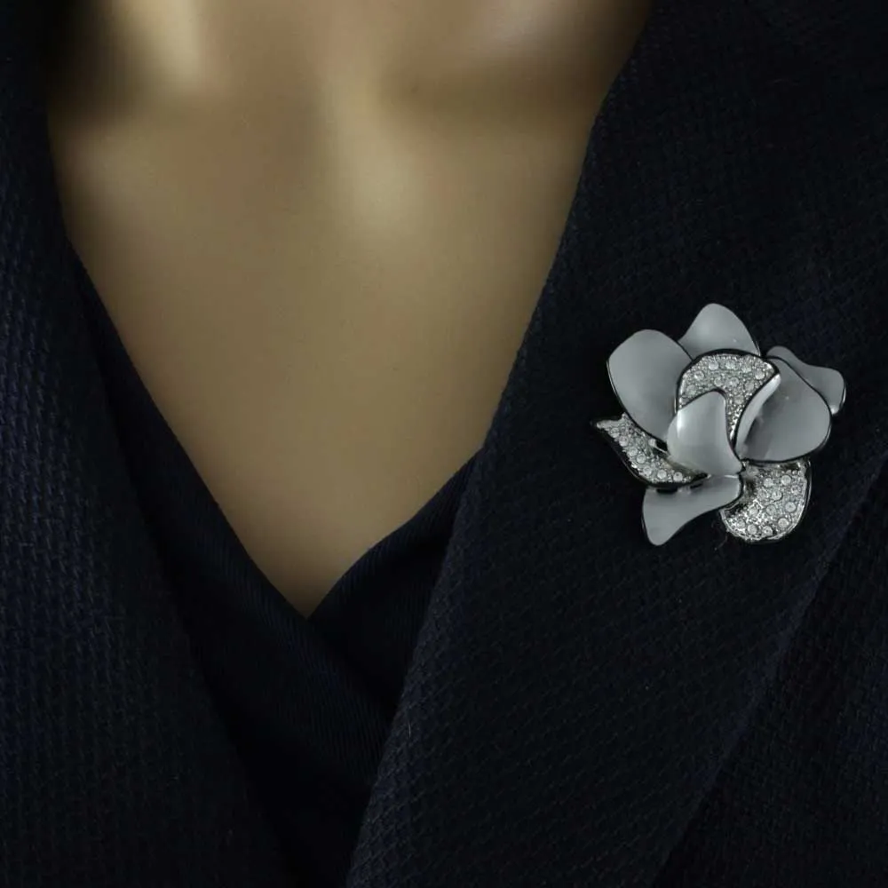 Gray Enamel Crystal Flower Trimmed in Black Brooch Pin - PRL055