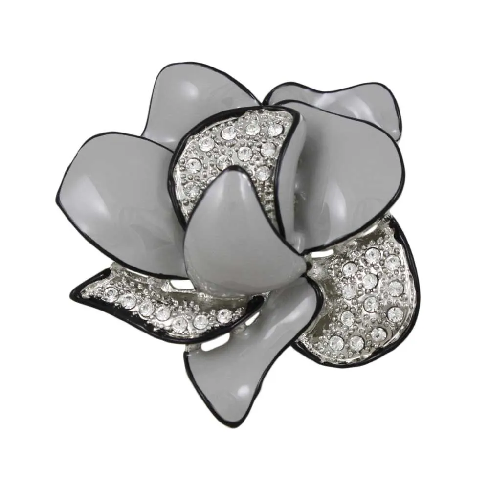 Gray Enamel Crystal Flower Trimmed in Black Brooch Pin - PRL055