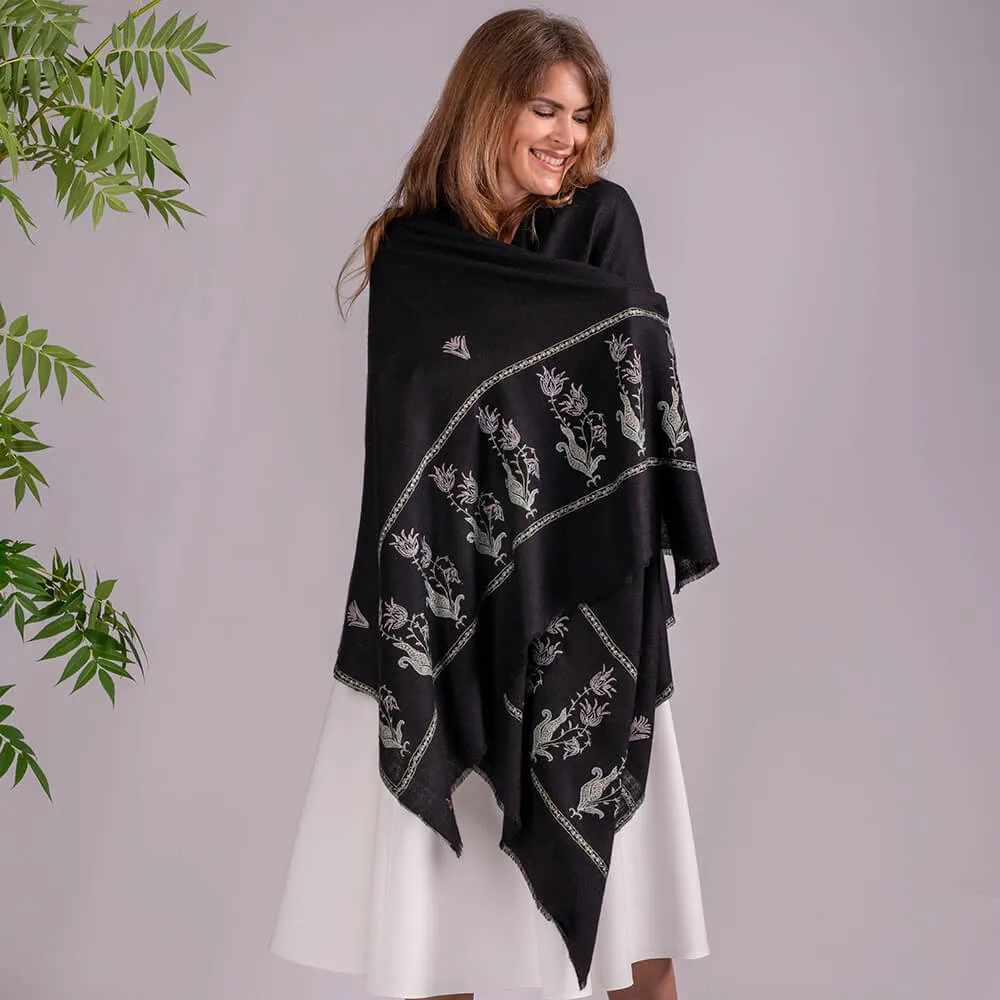 Hand Embroidered Pashmina Cashmere Shawl - Black Tulips