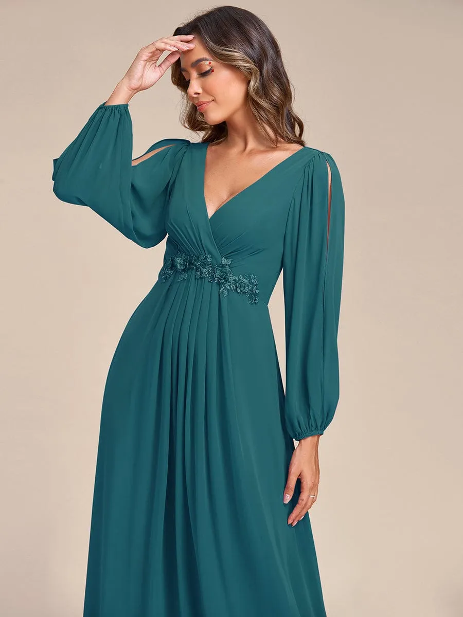 Iris | Elegant Chiffon V-Neckline Long Sleeve Wedding Guest Dress