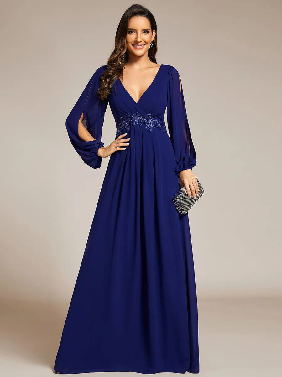 Iris | Elegant Chiffon V-Neckline Long Sleeve Wedding Guest Dress