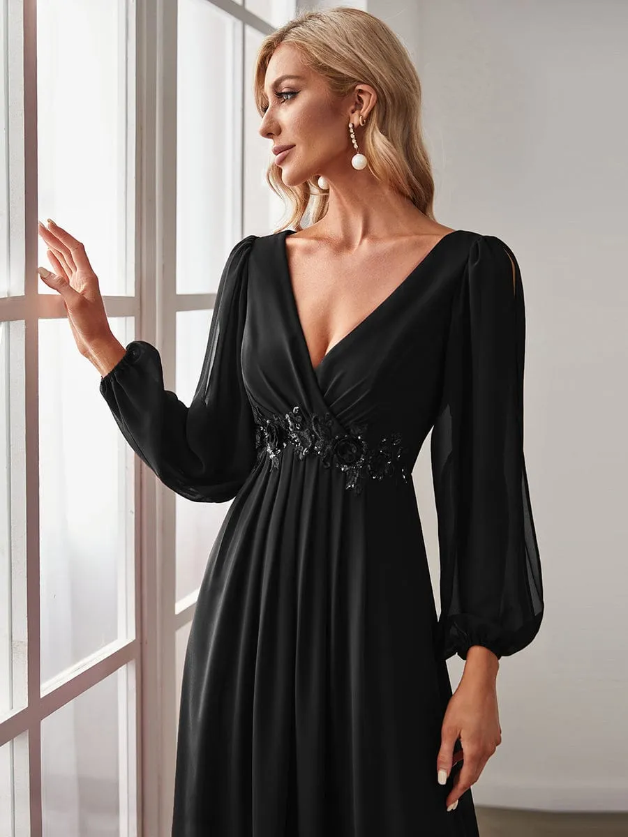 Iris | Elegant Chiffon V-Neckline Long Sleeve Wedding Guest Dress