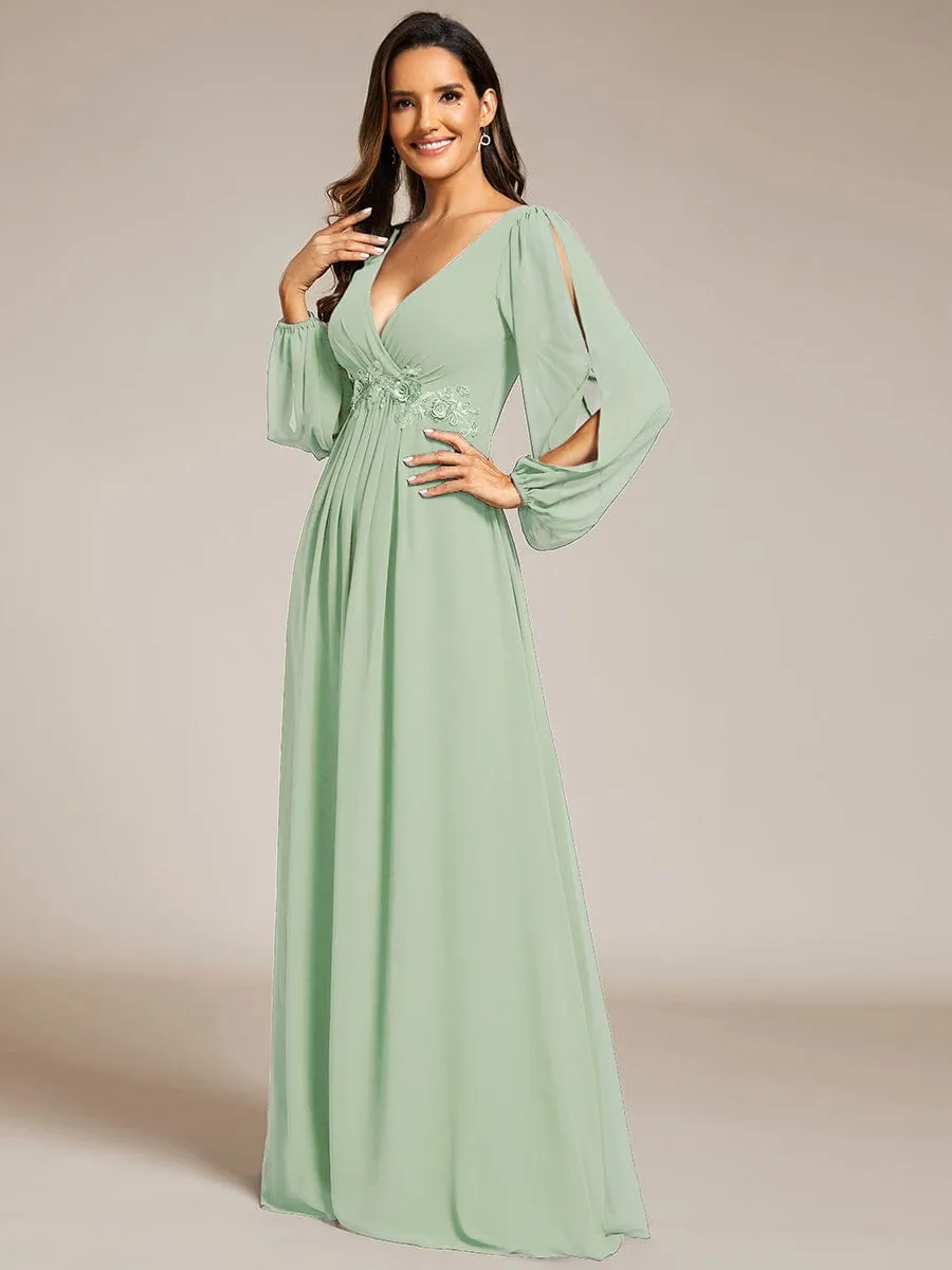 Iris | Elegant Chiffon V-Neckline Long Sleeve Wedding Guest Dress