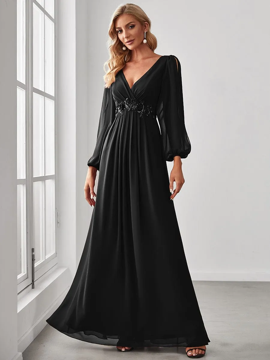 Iris | Elegant Chiffon V-Neckline Long Sleeve Wedding Guest Dress