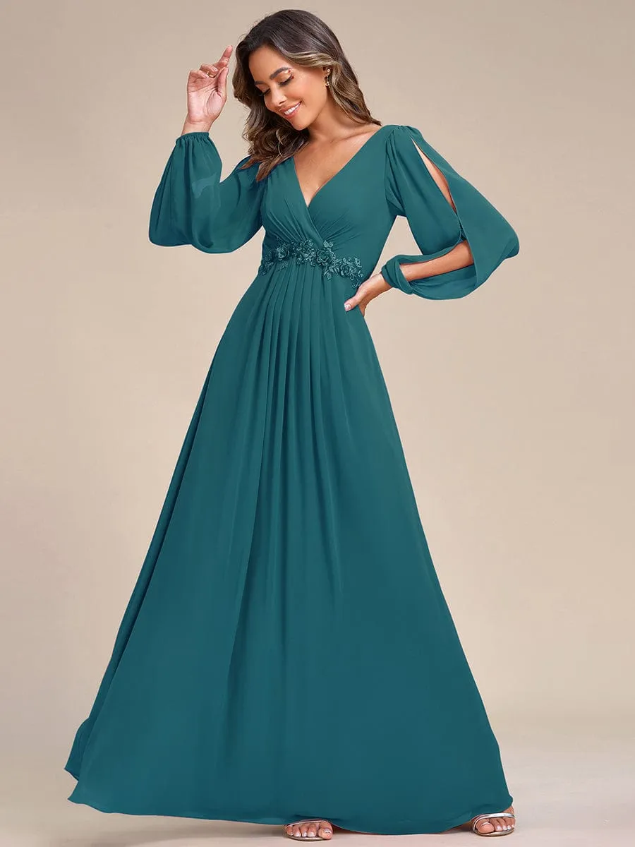 Iris | Elegant Chiffon V-Neckline Long Sleeve Wedding Guest Dress