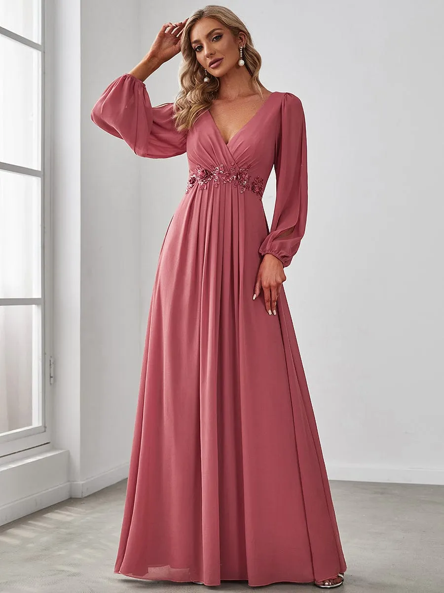 Iris | Elegant Chiffon V-Neckline Long Sleeve Wedding Guest Dress