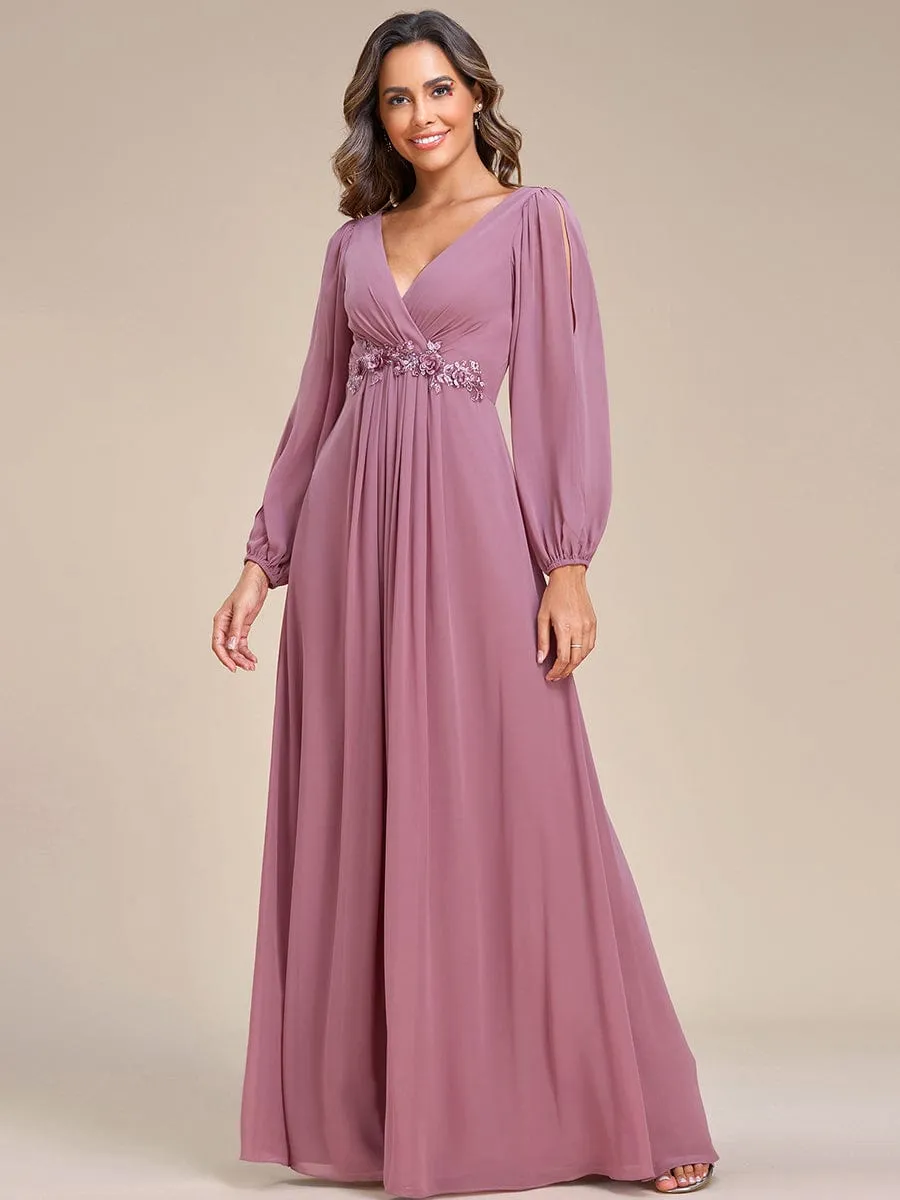 Iris | Elegant Chiffon V-Neckline Long Sleeve Wedding Guest Dress