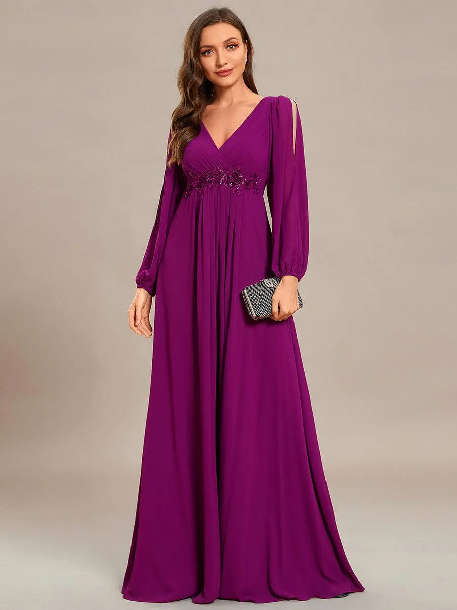 Iris | Elegant Chiffon V-Neckline Long Sleeve Wedding Guest Dress