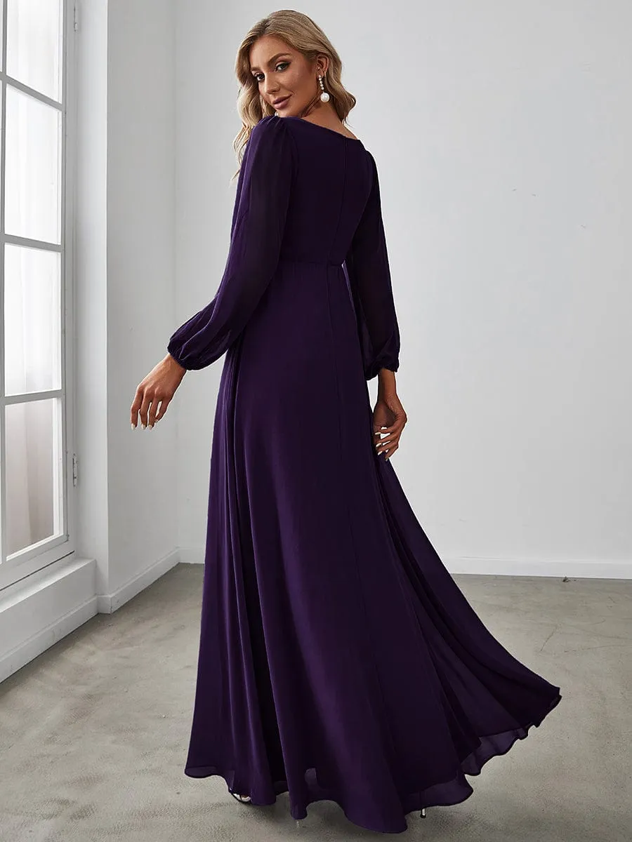 Iris | Elegant Chiffon V-Neckline Long Sleeve Wedding Guest Dress