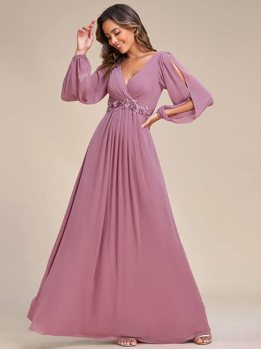 Iris | Elegant Chiffon V-Neckline Long Sleeve Wedding Guest Dress