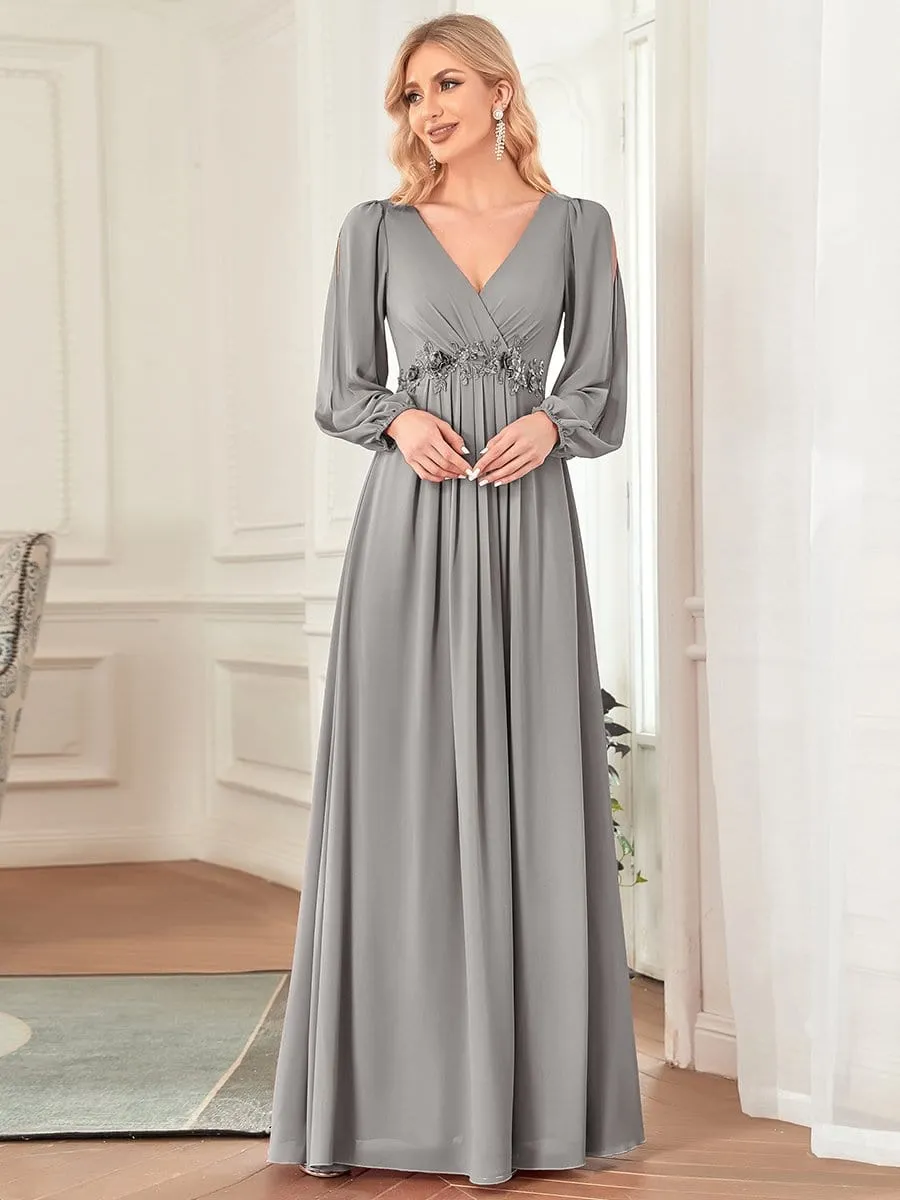 Iris | Elegant Chiffon V-Neckline Long Sleeve Wedding Guest Dress