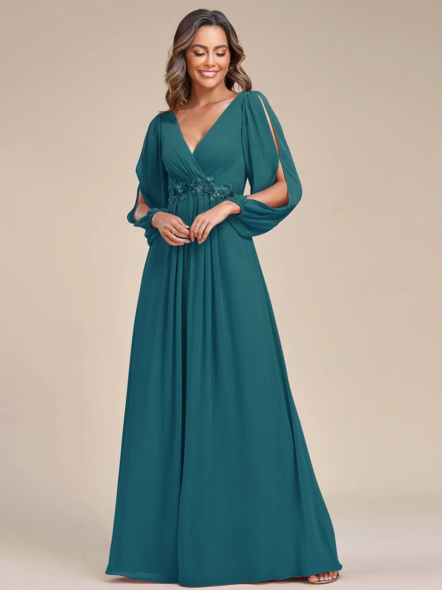 Iris | Elegant Chiffon V-Neckline Long Sleeve Wedding Guest Dress