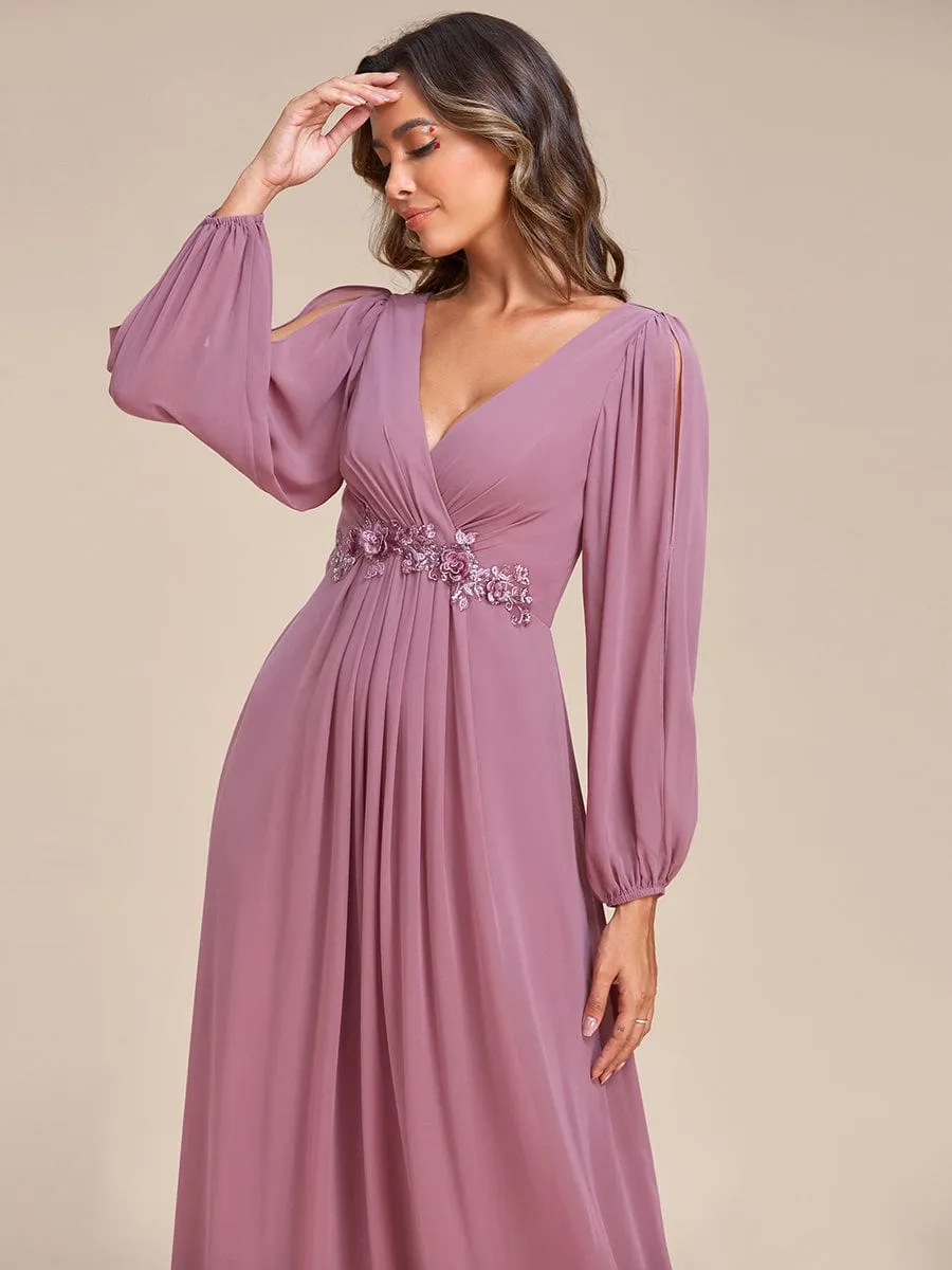 Iris | Elegant Chiffon V-Neckline Long Sleeve Wedding Guest Dress