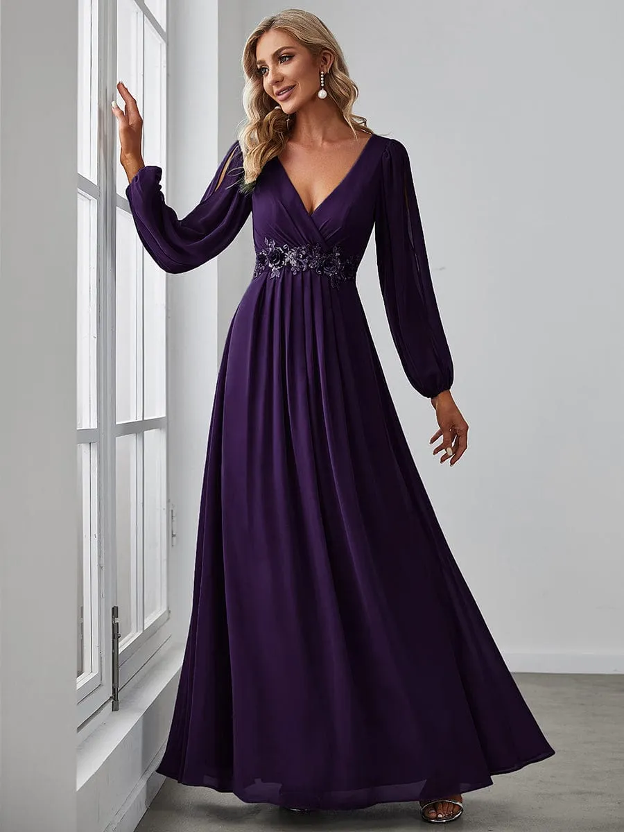 Iris | Elegant Chiffon V-Neckline Long Sleeve Wedding Guest Dress