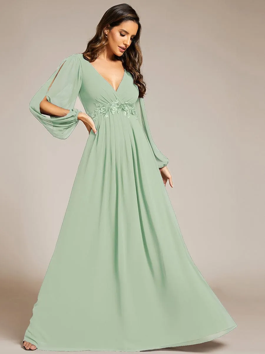 Iris | Elegant Chiffon V-Neckline Long Sleeve Wedding Guest Dress