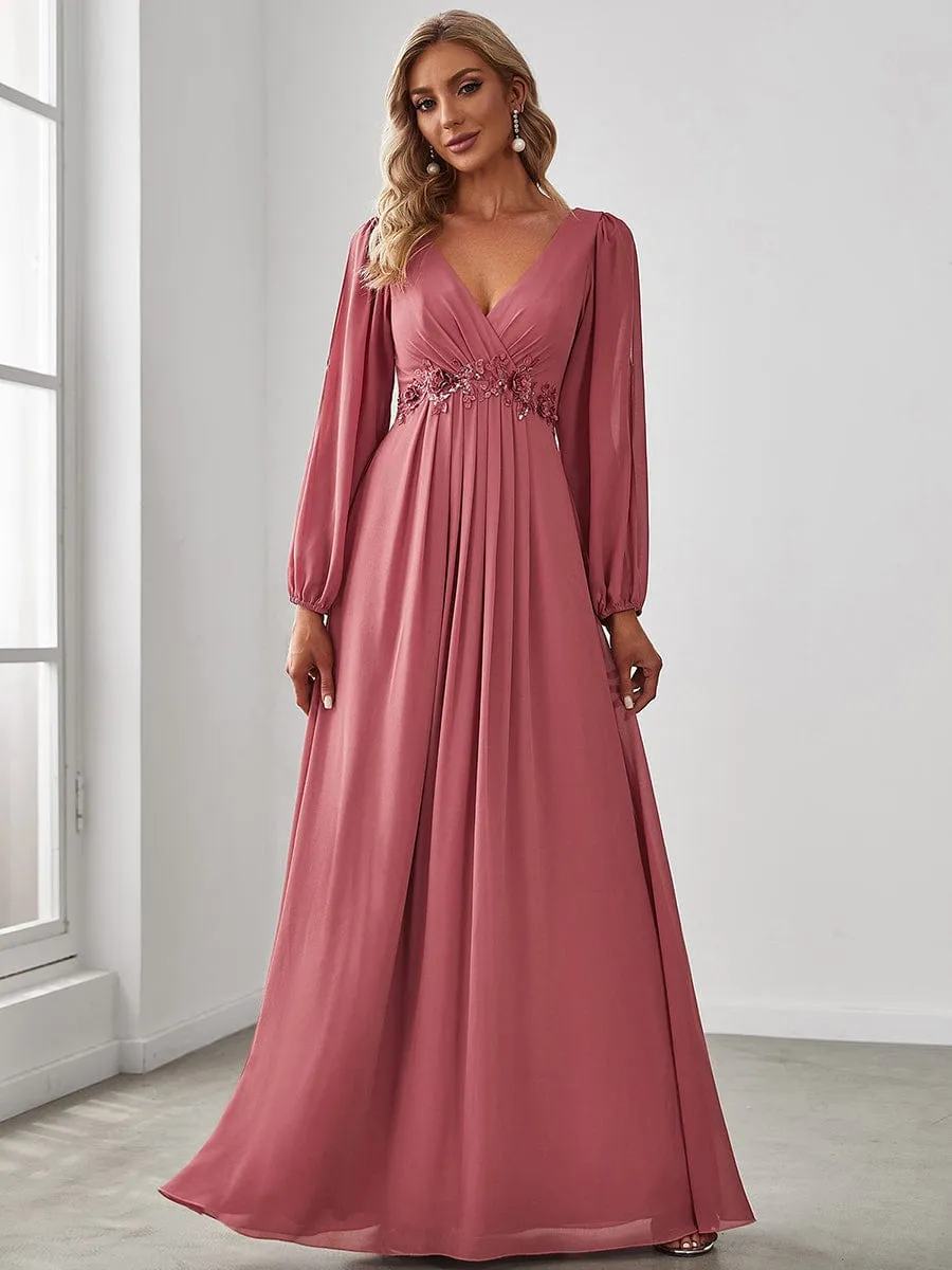 Iris | Elegant Chiffon V-Neckline Long Sleeve Wedding Guest Dress