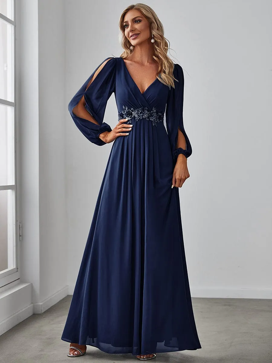 Iris | Elegant Chiffon V-Neckline Long Sleeve Wedding Guest Dress