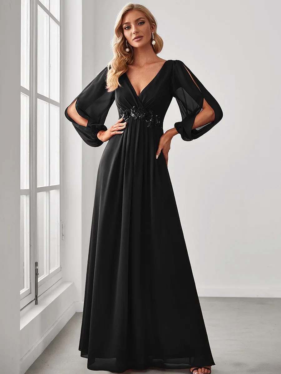 Iris | Elegant Chiffon V-Neckline Long Sleeve Wedding Guest Dress