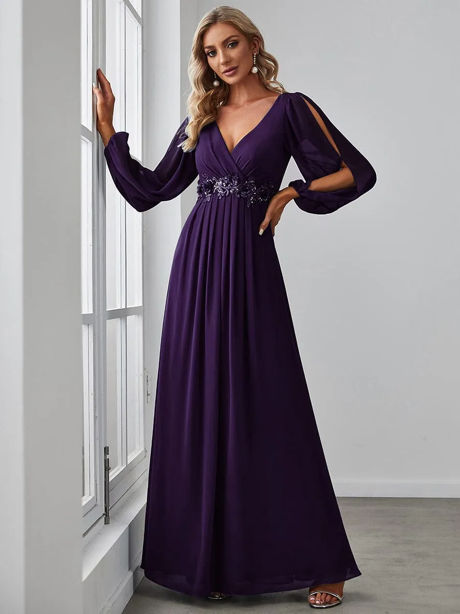 Iris | Elegant Chiffon V-Neckline Long Sleeve Wedding Guest Dress