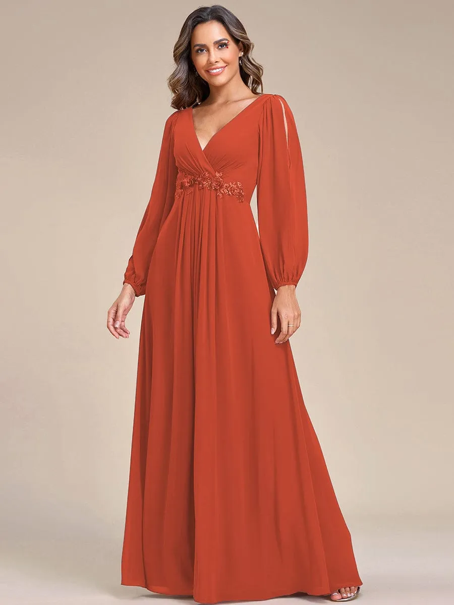 Iris | Elegant Chiffon V-Neckline Long Sleeve Wedding Guest Dress