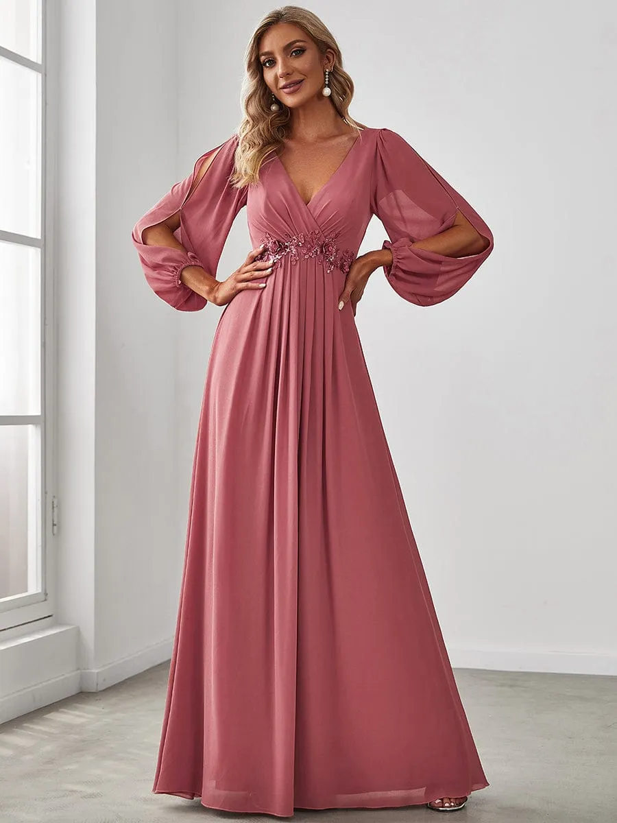 Iris | Elegant Chiffon V-Neckline Long Sleeve Wedding Guest Dress