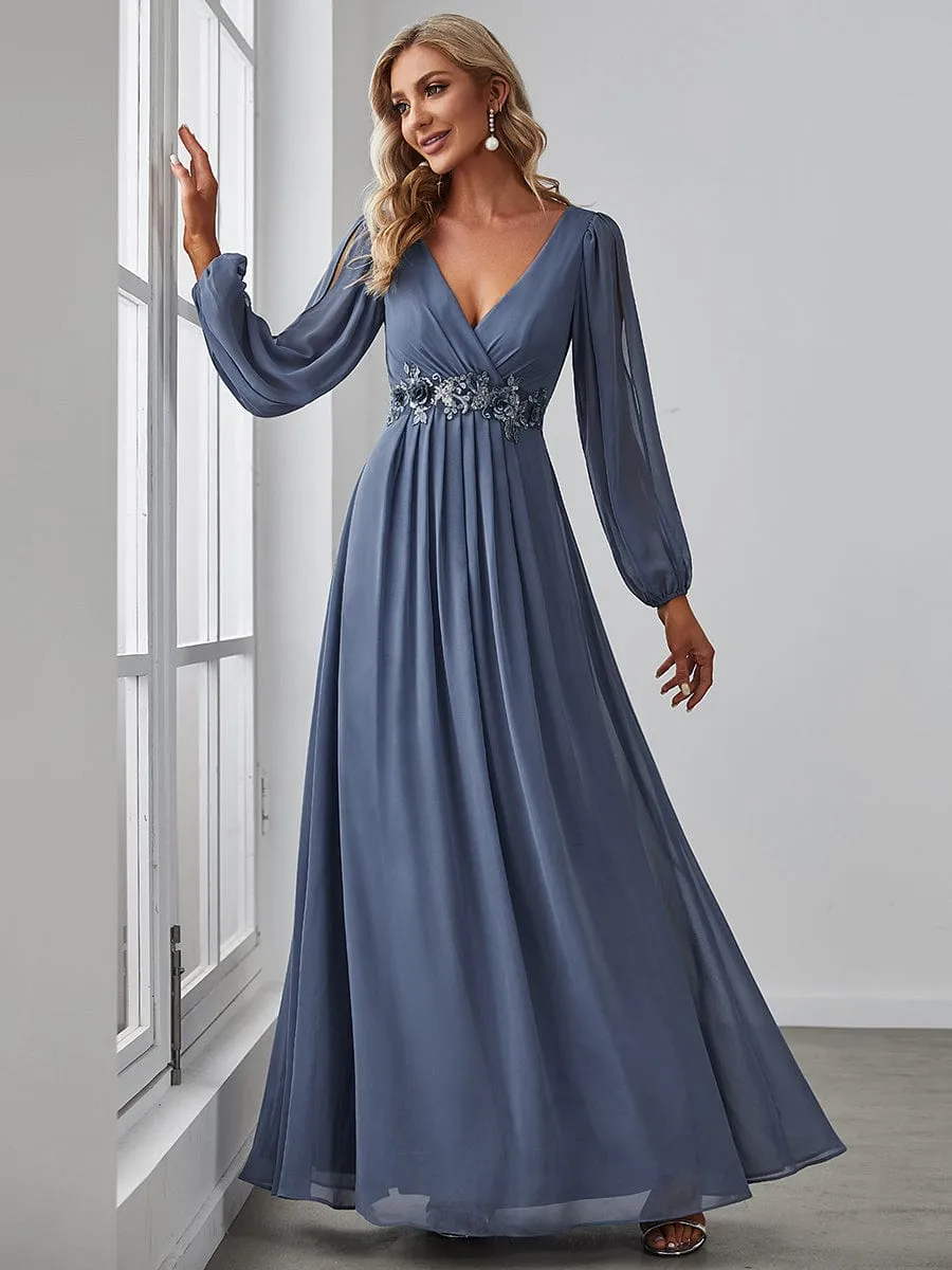 Iris | Elegant Chiffon V-Neckline Long Sleeve Wedding Guest Dress