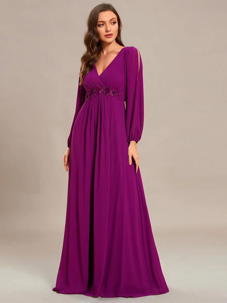 Iris | Elegant Chiffon V-Neckline Long Sleeve Wedding Guest Dress