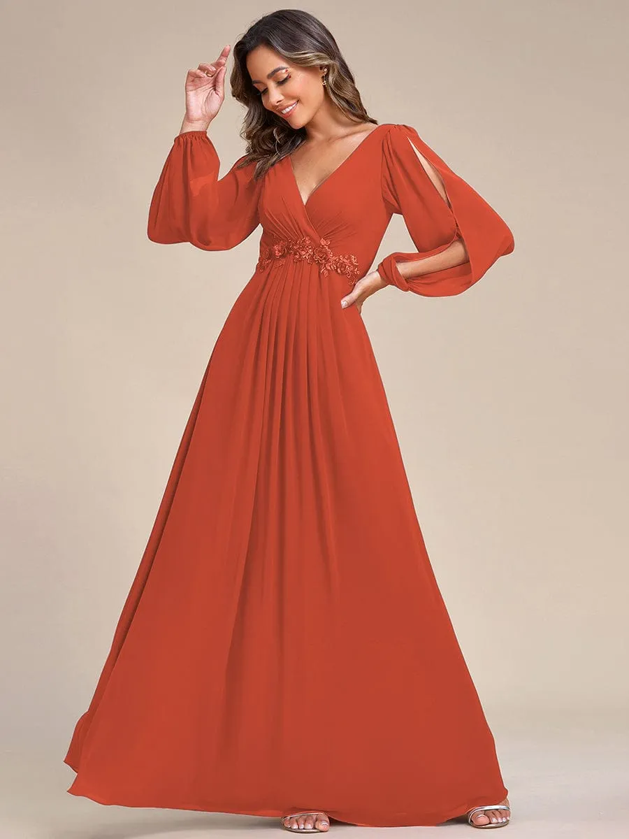 Iris | Elegant Chiffon V-Neckline Long Sleeve Wedding Guest Dress