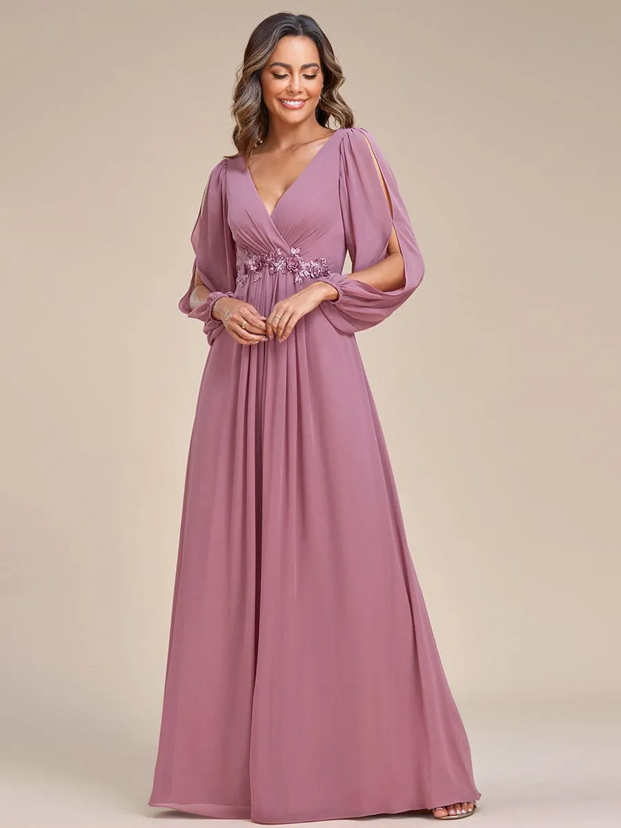 Iris | Elegant Chiffon V-Neckline Long Sleeve Wedding Guest Dress