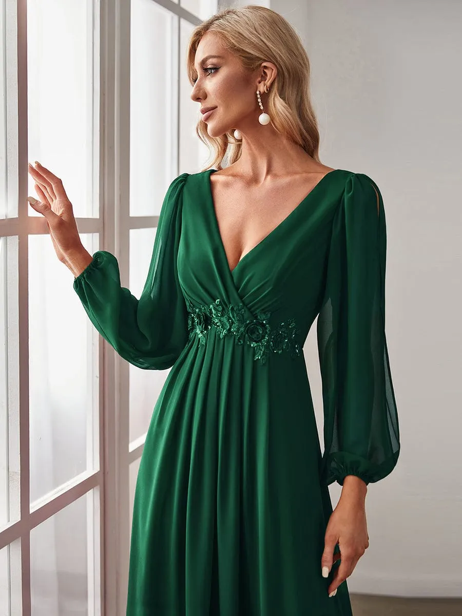 Iris | Elegant Chiffon V-Neckline Long Sleeve Wedding Guest Dress