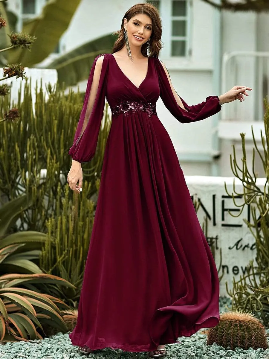 Iris | Elegant Chiffon V-Neckline Long Sleeve Wedding Guest Dress