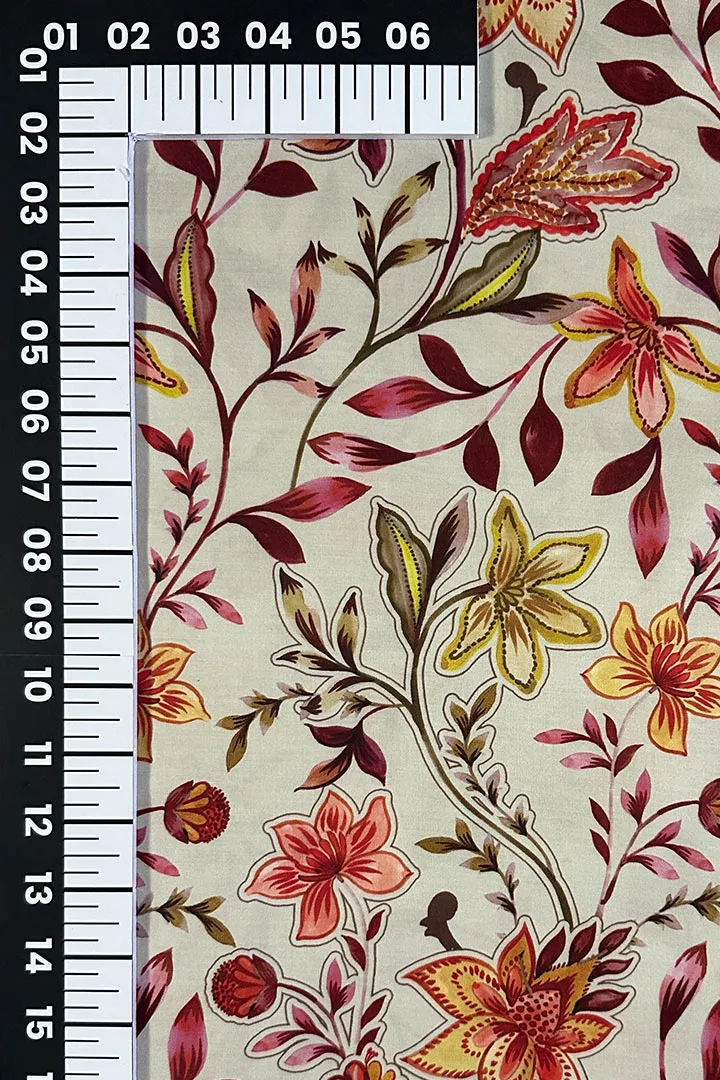 Ivory Floral Printed Modal Satin Fabric