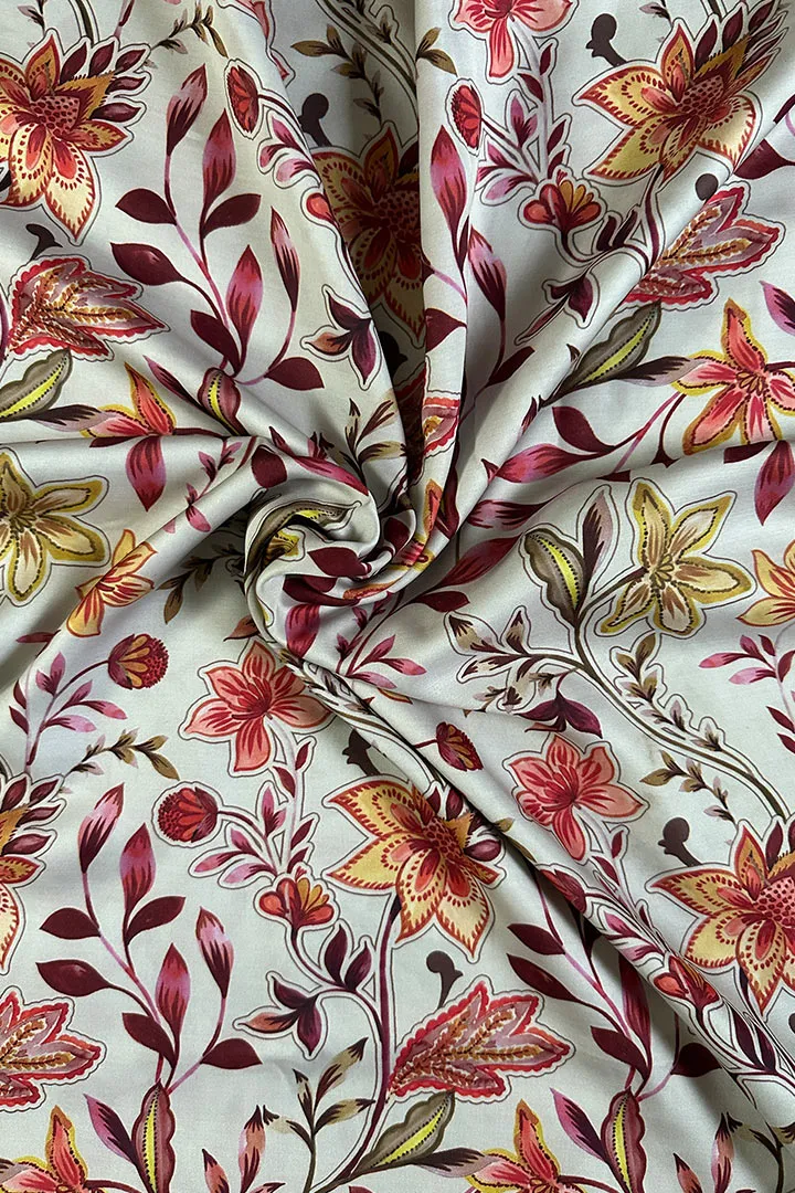 Ivory Floral Printed Modal Satin Fabric