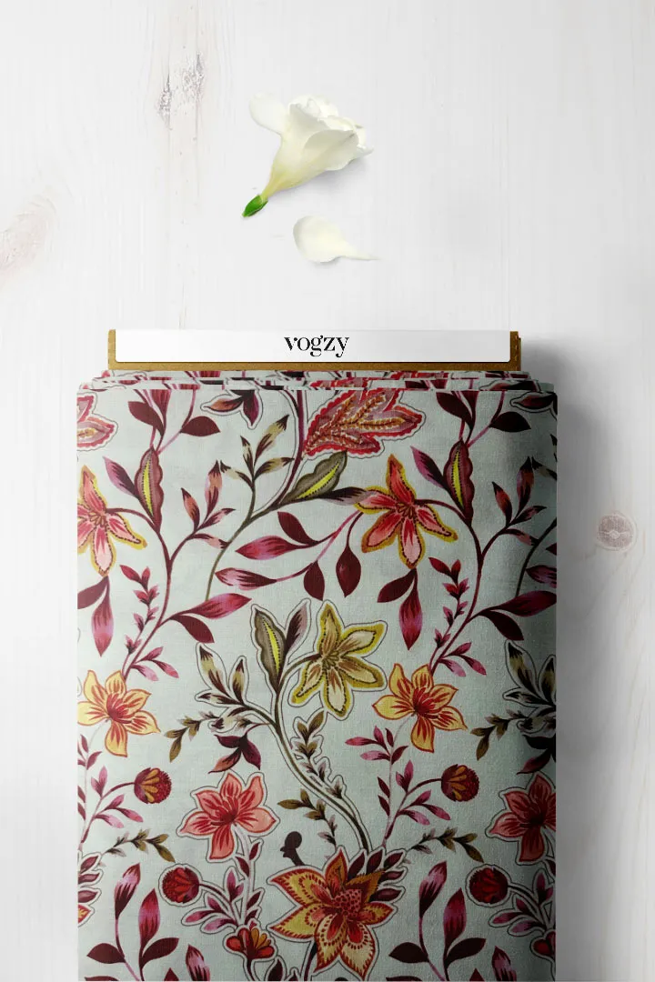 Ivory Floral Printed Modal Satin Fabric