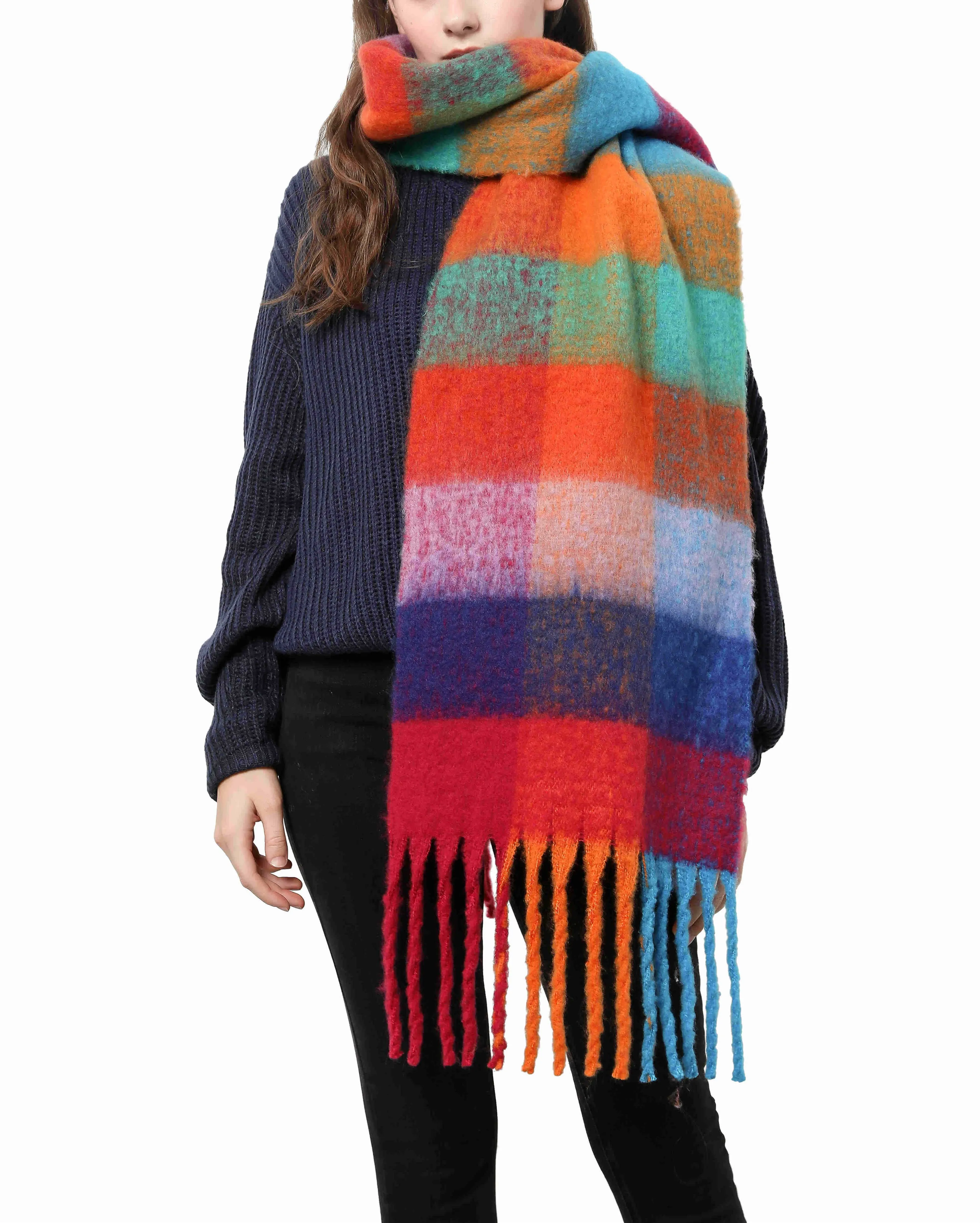 JC SUNNY FASHION Oversized Colorful Cozy Long Fringe Fuzzy Scarf